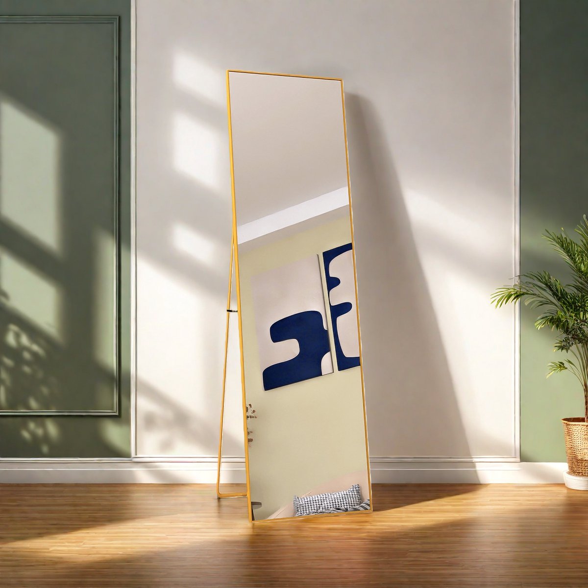 Rechthoekige Full-Length Mirror, Gold Aluminium Frame, 140x40cm, Shatterproof Glass, Freestanding & Wall-Mounted