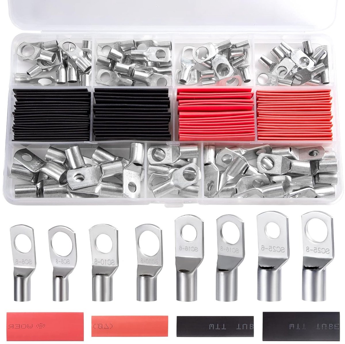 Kabelschoen Set met 70 Stuks, Ringkabelschoenen, Tinned, Inclusief Krimpkous, Geschikt voor 10-4 AWG, 8 Verschillende Maten, Ideaal voor Elektrische Verbindingen