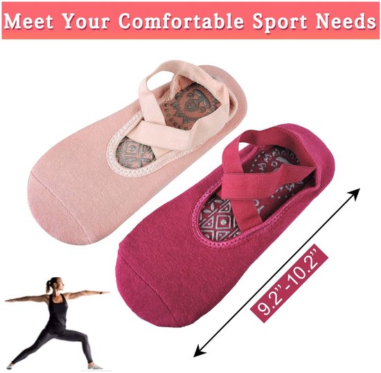 Zeynomax - Antislip Yogasokken - Sportsokken met Elastische Kruisbanden - Wijnrood+Roze - Ideaal voor Yoga en Pilates - Comfortabel en Ademend van Merkloos — afbeelding 2