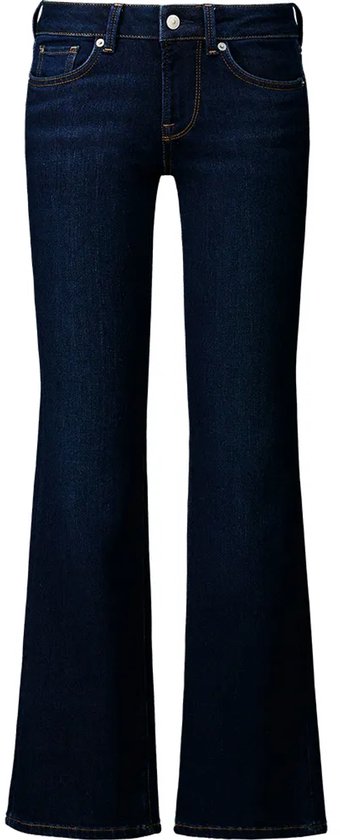 Donkerblauwe bootcut jeans met lage taille, knoopsluiting en klassieke vijf zakken.