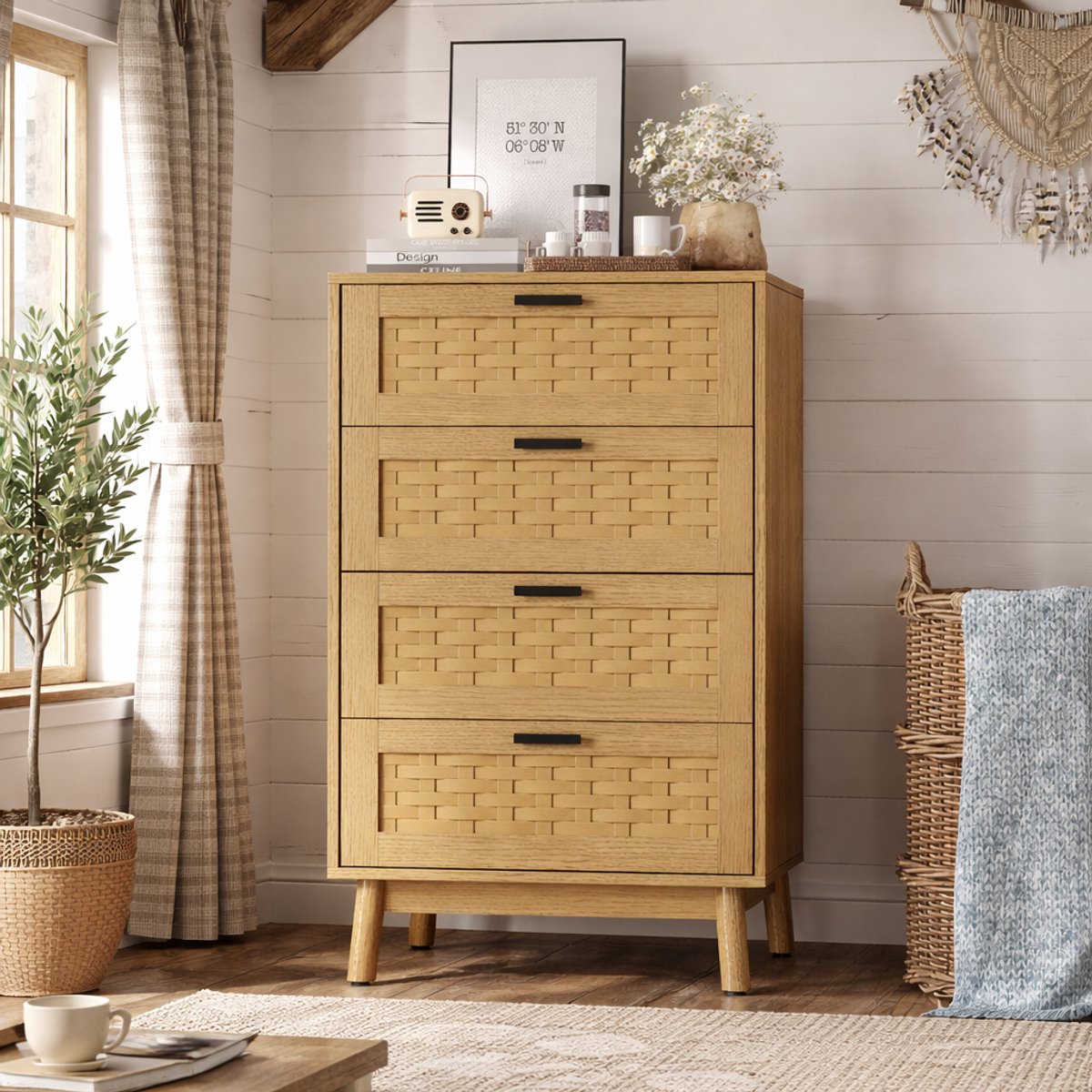 Commode met 4 lades, keukenkast 55x40x95 cm, moderne opbergkast van hout en rotan, dressoir voor slaapkamer, woonkamer, hal