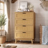 Commode met 4 lades, keukenkast 55x40x95 cm, moderne opbergkast van hout en rotan, dressoir voor slaapkamer, woonkamer, hal