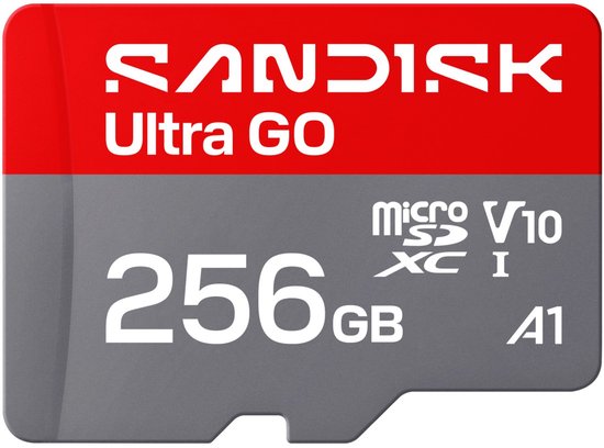 SanDisk Ultra GO microSDXC 256GB geheugenkaart. Rood en grijs, met "SanDisk Ultra GO" en "256GB" logo's.