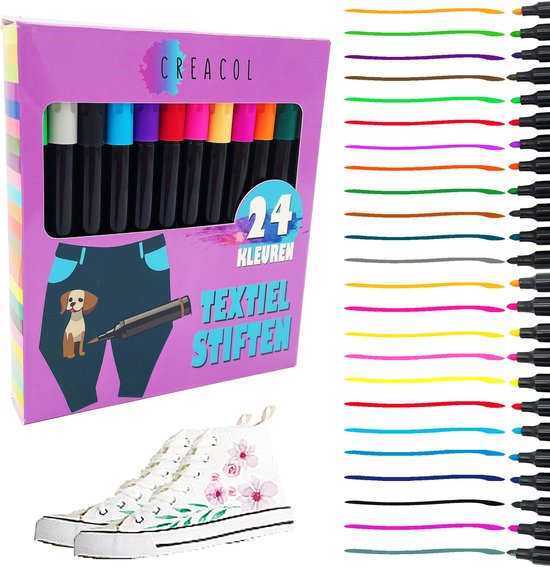 CREACOL Textielstiften voor kinderen - 24 stuks - Textielmarkers - Kleding Stiften - Textielstift