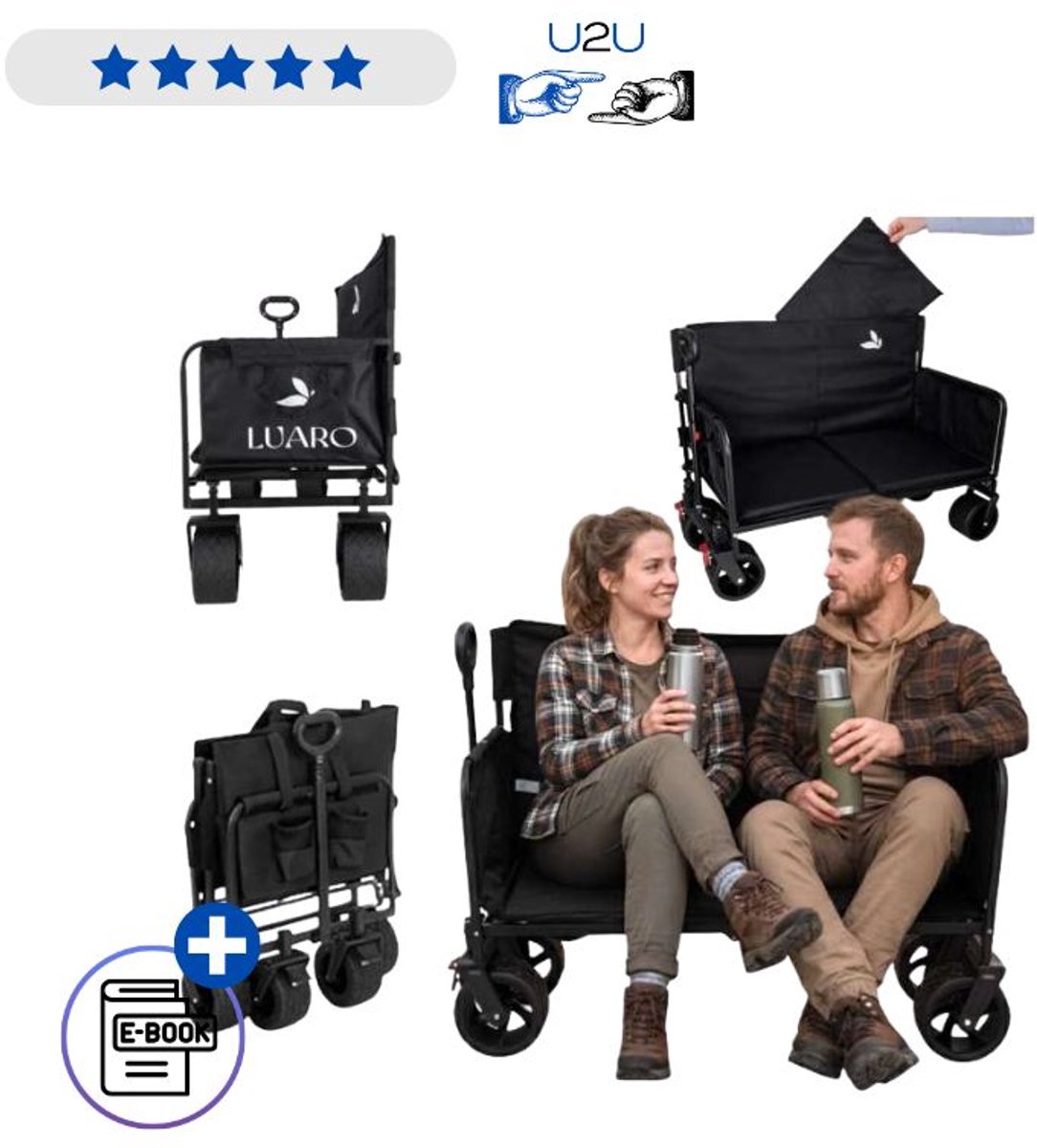 LUARO Opvouwbare Transportkar Met Zitje En Rugleuning – Camping Trolley Met All Terrain Wielen Verstelbare Handgreep En Remmen Opvouwbare Bolderkar Voor Strand Boodschappen En Kamperen Zwart Met Ebook