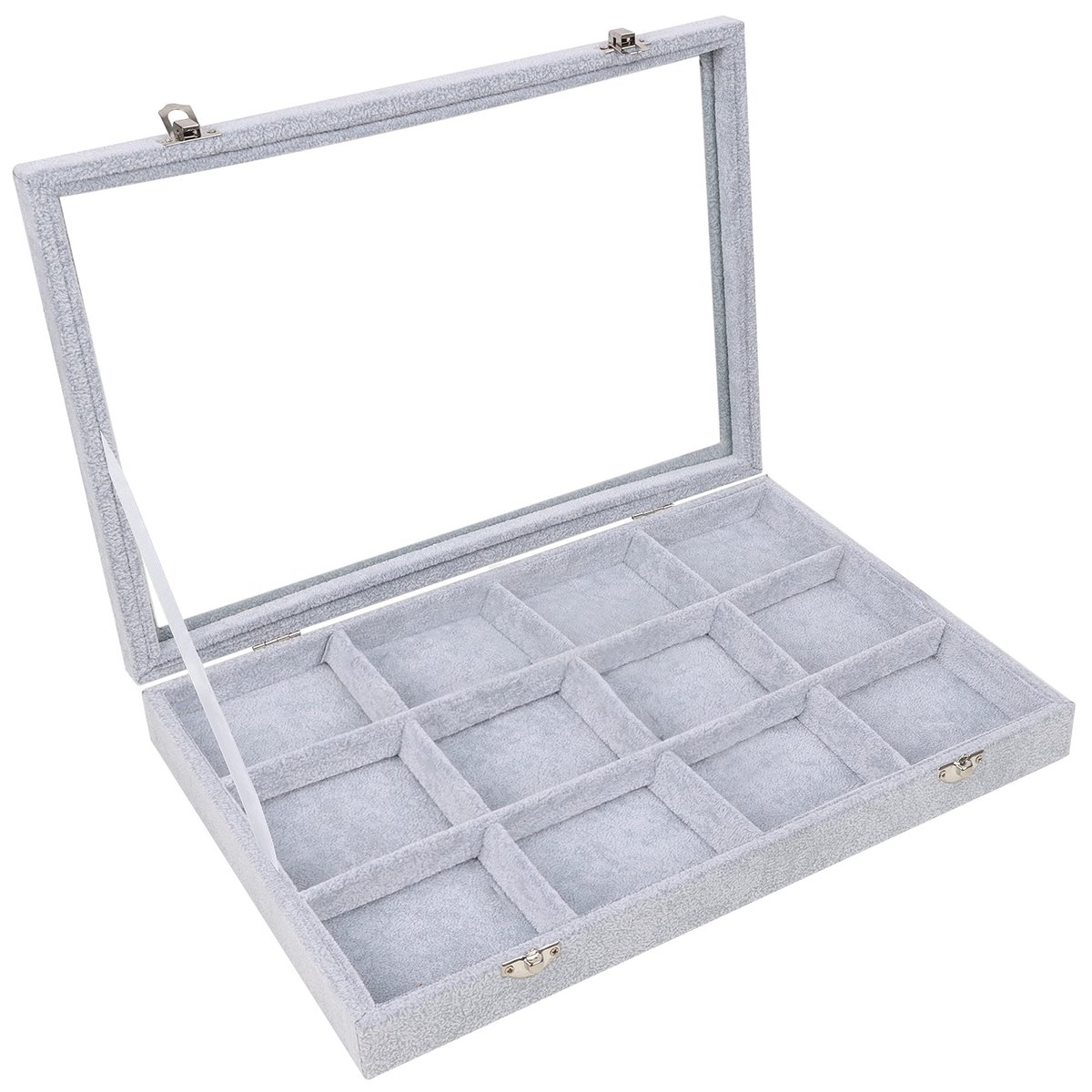 Dailygoody - Grijs Velours Sieraden Organizer - 12 Compartimenten - Stapelbare Tray - Glazen Deksel - Aanpasbare Opslag - Geschikt voor Dames