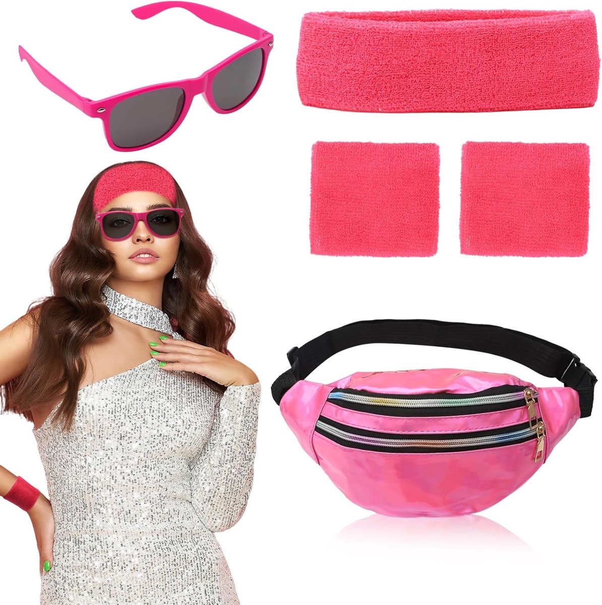 1980s Kostuum voor Dames met Buiktas, Hoofdband, Beenwarmers, Armbanden, Bril en Oorbellen voor Carnaval en Neon Feestjes