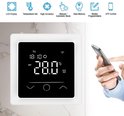 Witte slimme thermostaat met zwart display (28.0°C), naast iconen van functies en een hand met smartphone.
