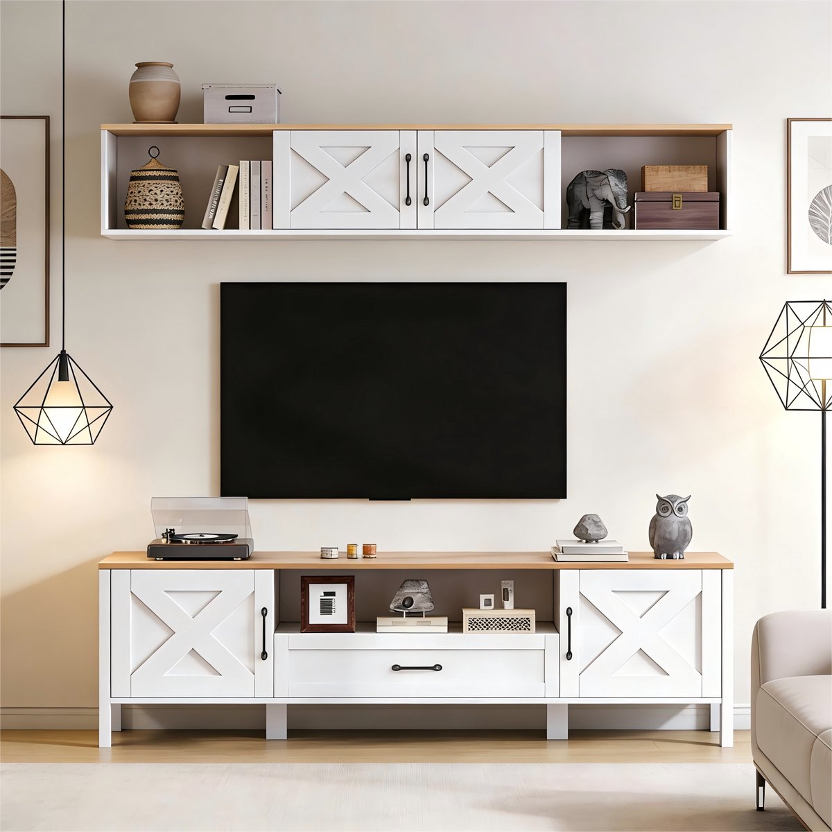 REDOM - Tv-Meubelset - Met Hangvitrine En 4 Kasten Met 1 Lade - Voor Woonkamer - MDF - Wit