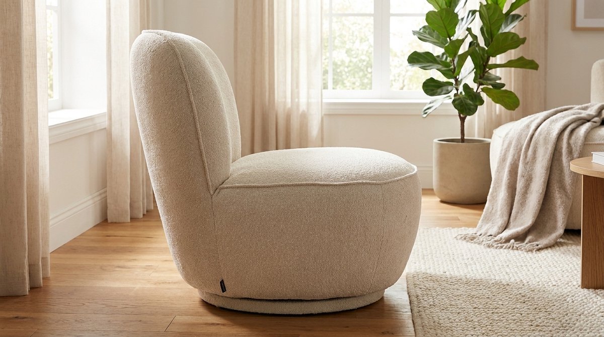 Draaifauteuil – 360° Draaibare Design Fauteuil Soft Beige 90x90x75 cm – Luxe Bouclé Lounge Stoel Modern Rond Comfortabel Interieur – House&Garden Bunny Style Relax Fauteuil Eyecatcher Woonkamer