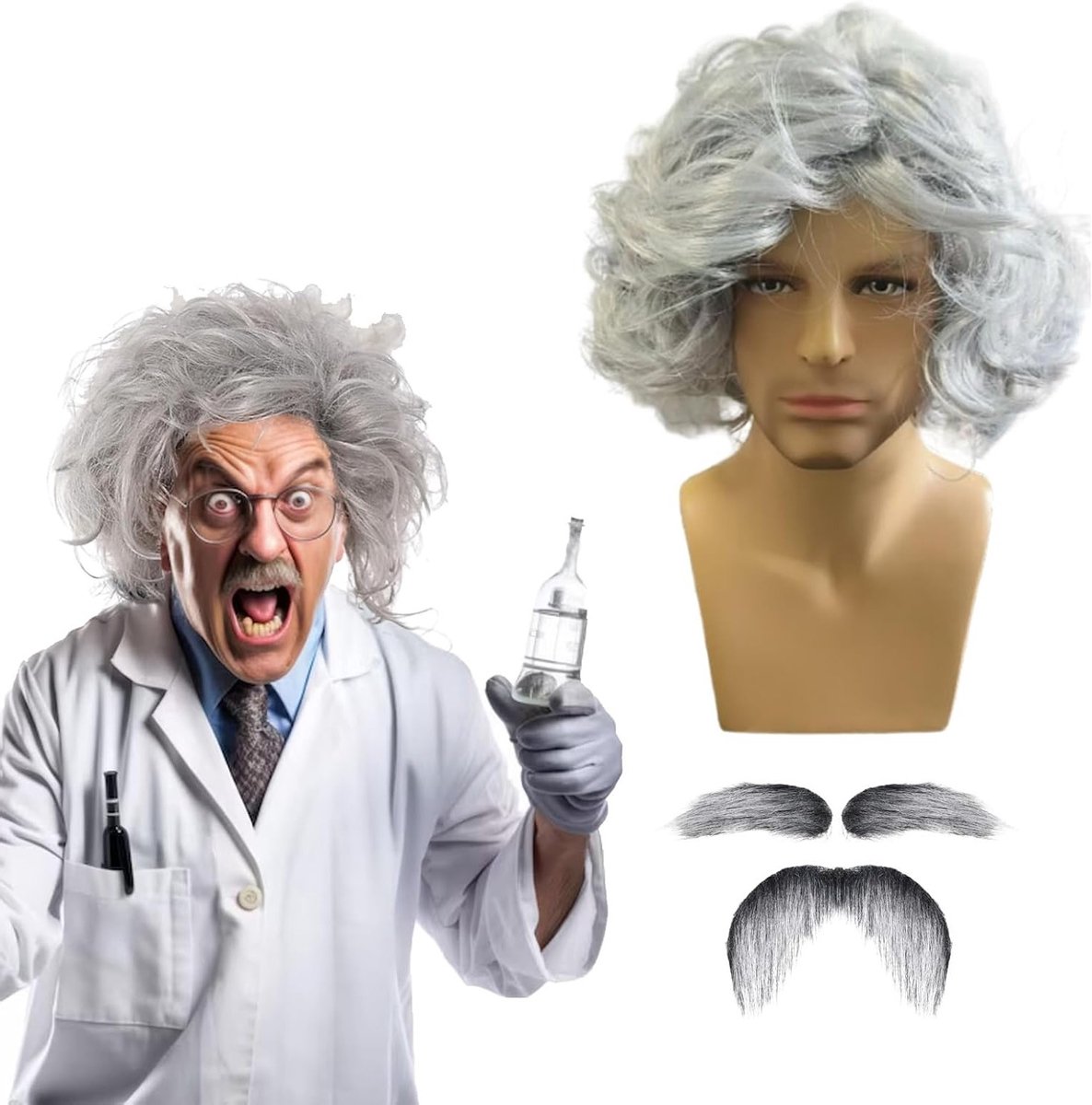 Grijze Baard en Perucen Set voor Mannen - Wetenschapper, Professor en Grootvader Kostuum voor Feestjes en Halloween (3 Stuks)