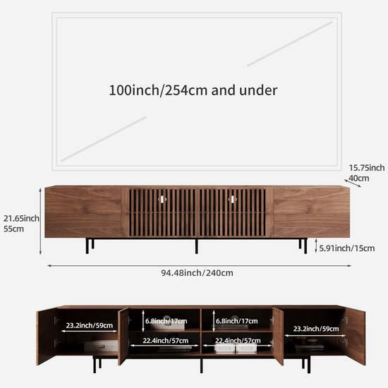 Afmetingen van een walnootkleurig tv-meubel: 240cm breed, 55cm hoog, 40cm diep. Binnenkant met 3 vakken per sectie.