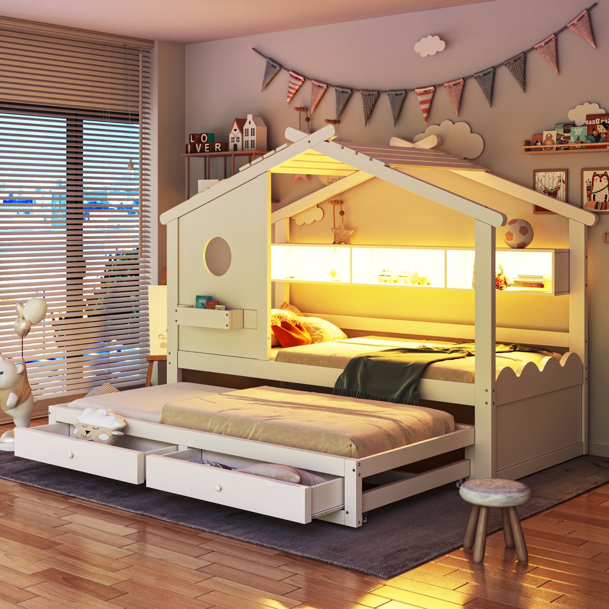 Kinderbed Huisbed 90x200 - Uitschuifbed Met LED En USB - Wit Met Opberglades