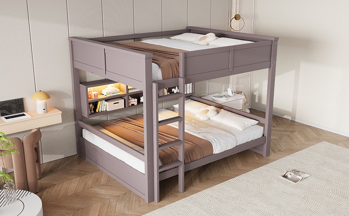Stapelbed 160x200 Met Opbergkasten En LED - Houten Hoogslaper Tweepersoonsbed - Bruin