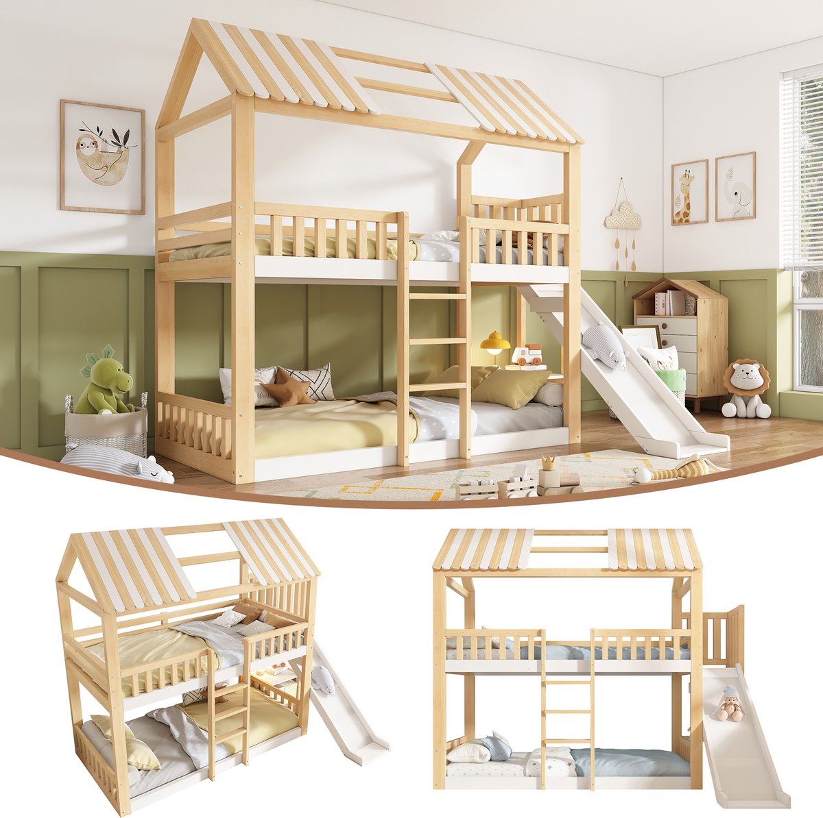 Kinderstapelbed 90x200 - Huisbed Met Glijbaan En Opbergrek - Wit Naturel
