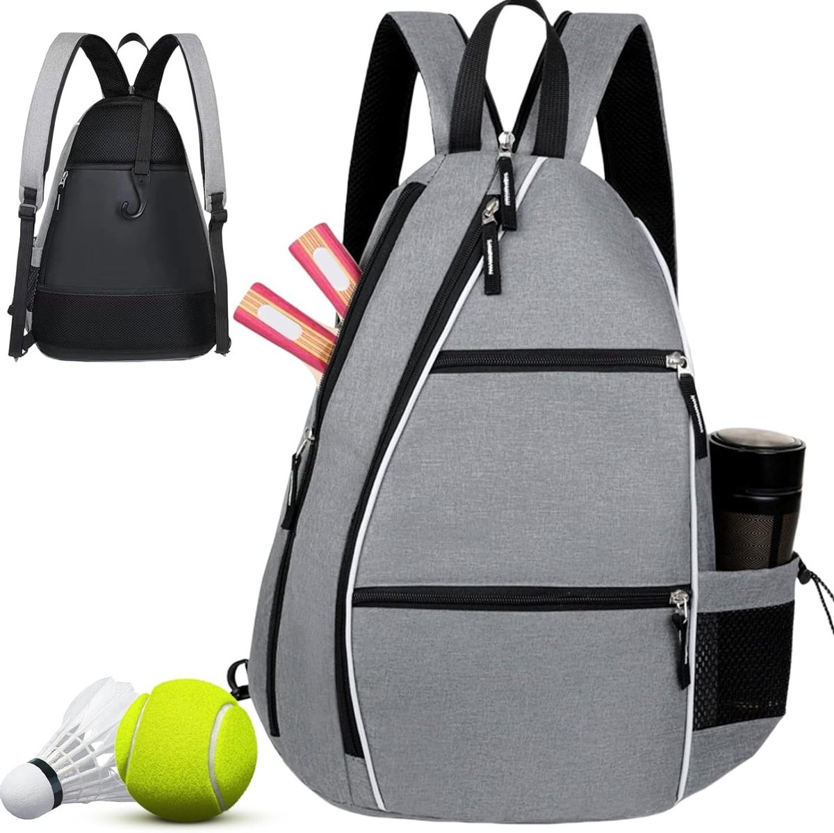 Uniseks tennisrugzak en picklebaltas, ruime schoudertas voor rackets en sportaccessoires, grijs