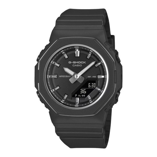 Zwarte G-Shock horloge met zilverkleurige wijzers, indexen en digitale weergave.