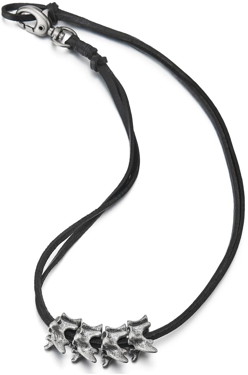 Dailygoody - Vintage halsketting - Skelet botcharme - Verstelbaar leren koord - Zwart - Metalen design - Geschikt voor heren en dames - 100% gloednieu