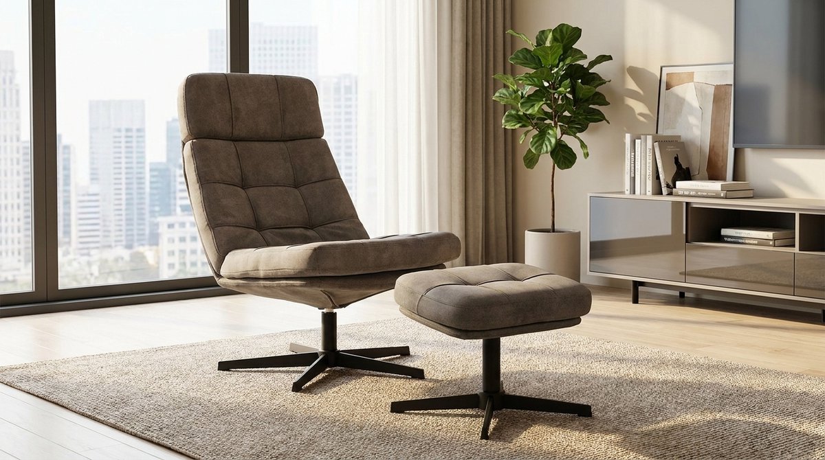 Draaifauteuil met Hocker – 360° Draaistoel Relaxfauteuil Fauteuil in Taupe Micro Suede – Ergonomische Lounge Stoel met Zwart Metalen Frame – Modern Design Comfort Stoel Woonkamer | House&Garden Alvar Style