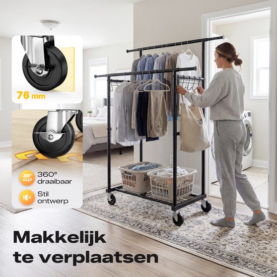Kledingrek met kleding en manden. 76 mm zwenkwielen, 360° draaibaar en stil. Makkelijk te verplaatsen.
