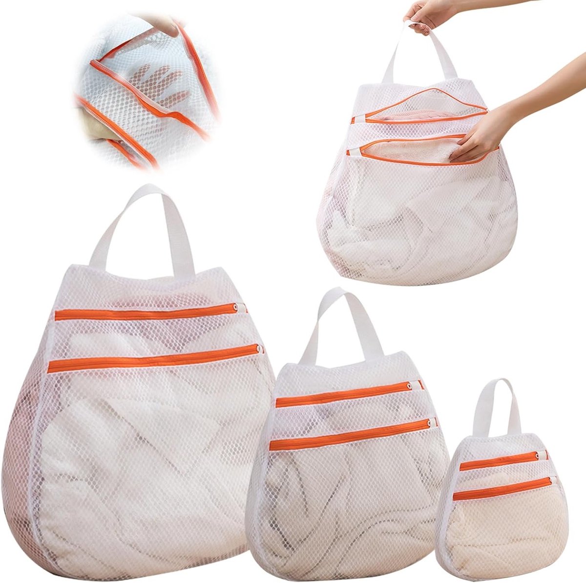 Set van 3 Herbruikbare Waszakken van Mesh Stof voor de Wasmachine, Ideaal voor Kleding, Sokken en Ondergoed