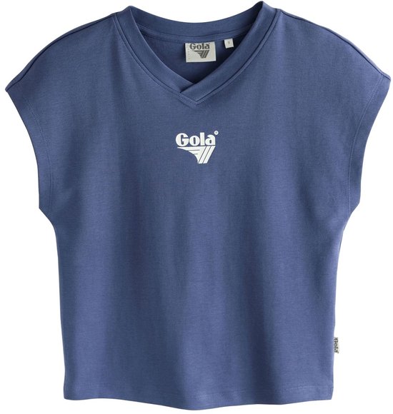 Blauw T-shirt met V-hals, korte mouwen en wit Gola-logo op de borst.