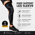 Zwarte compressie knie sleeve met grijs patroon en logo. Informatie over maten en voordelen.