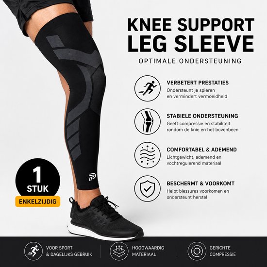 Zwarte compressie knie sleeve met grijs patroon en logo. Informatie over maten en voordelen.