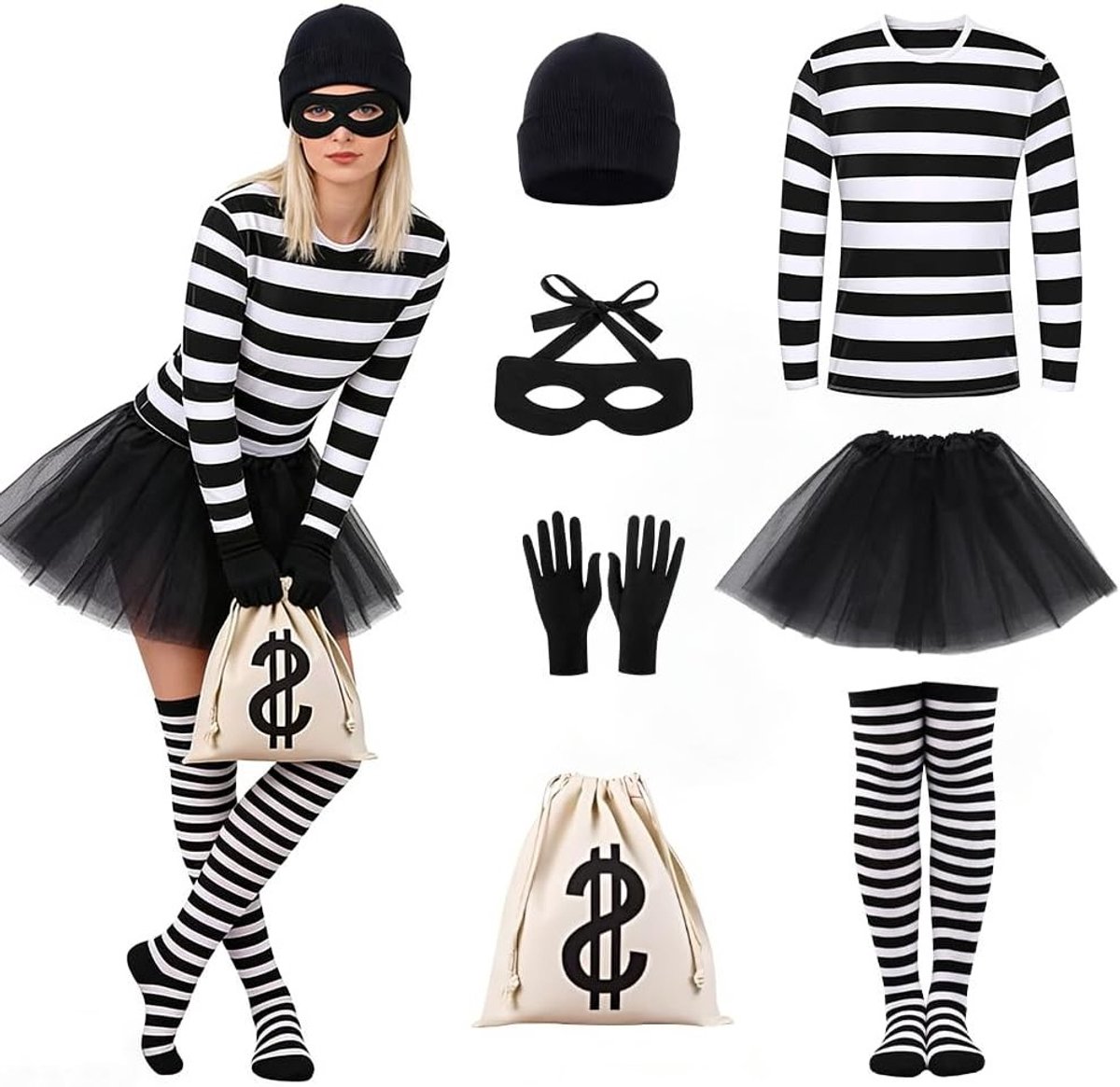 Volledig Robber Kostuum voor Dames met T-Shirt, Rok, Kniekousen, Hoed, Masker, Handschoenen en Tas - Perfect voor Cosplay en Feestjes L/XL