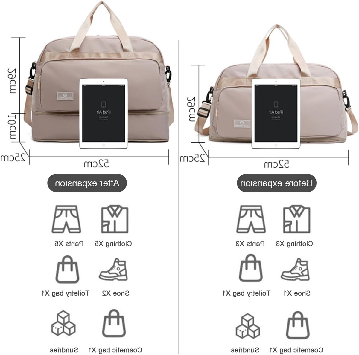 Grote Sport Duffle Bag voor Vrouwen 50L, Uitbreidbaar van 37.7L naar 50.7L, Waterdichte Sporttas voor Zwemmen, Reizen en Weekenduitjes, Ideaal als Gymtas en Handbagage, Grijs thumbnail 4