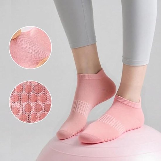 5 Paar - Dames Antislip Yoga Pilates Sokken - Yoga Sokken - Antislip sokken - Ademend Katoenen Enkelsokken met Grip - Roze, zwart, grijs, wit, paars - Voor Ballet, Dans, Fitness & Dagelijkse Workouts van Merkloos — afbeelding 2