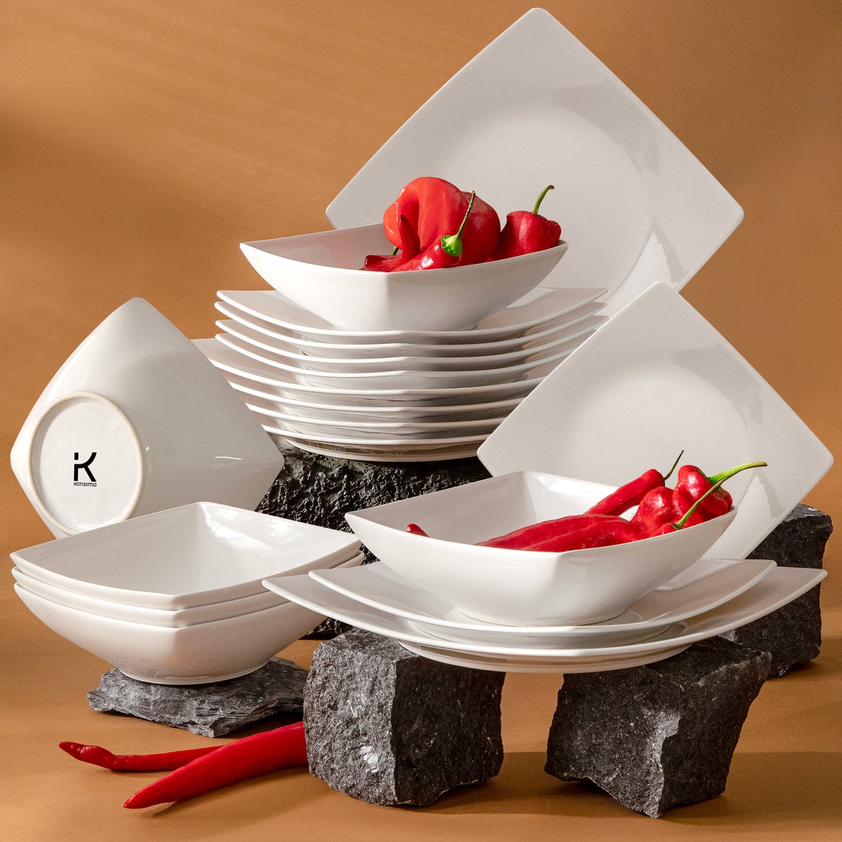KONSIMO® EPIRI - 18 delig - 6 persoons - Keramiek - Dessertbord, Diepbord, Dinerbord - Wit