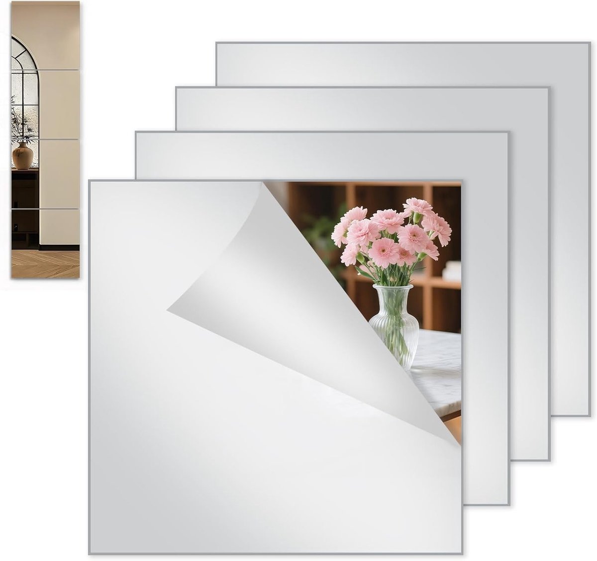 Set van 4 Zelfklevende Spiegeltegels 20x20cm - Wandspiegel voor Badkamer, Woonkamer en Sla