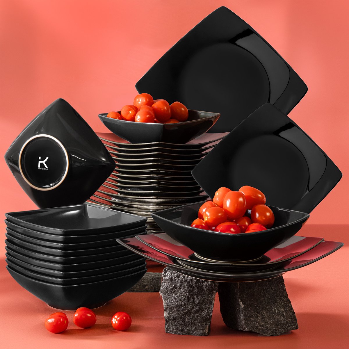 KONSIMO® EPIRI - 36 delig - 12 persoons - Keramiek - Dessertbord, Diepbord, Dinerbord - Zwart