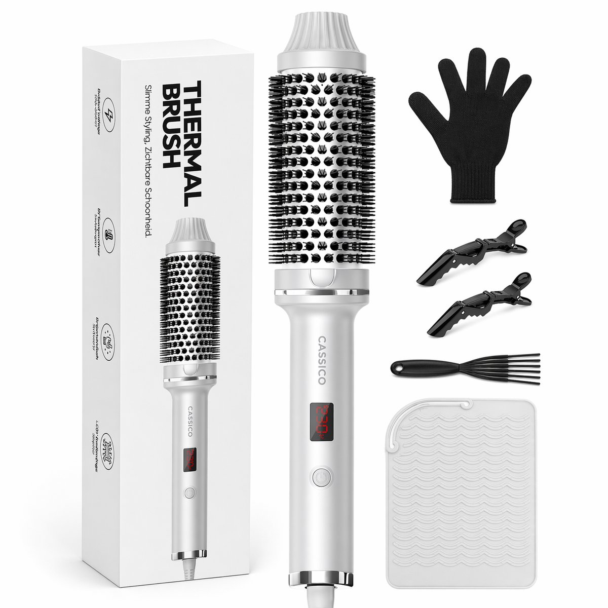 CASSICO® Thermal Brush 3-in-1 - Keramische Warmteborstel - Krulborstel Hitte Borstel in 1 - Krultang - Fohnborstel en Airstyler Alternatief - Zilver - Incl. Accessoires