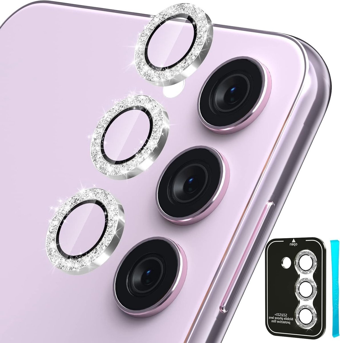 Camera Lens Bescherming voor Samsung Galaxy S24/S23/S23 Plus - 9H Gehard Glas en Aluminium Ring, Glitter Zilver - 3 Stuks, Perfect voor 5G 2023
