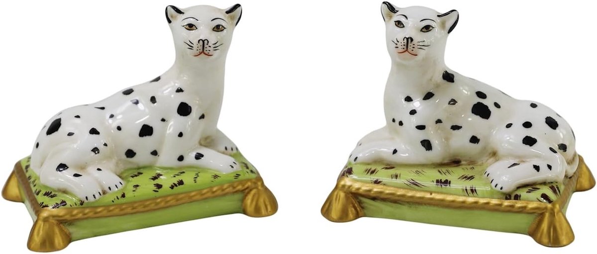 Antiek Paar Handgeschilderde Porseleinen Witte Sneeuwluipaard Beeldjes 4.3"H met Gouden Accent - Keramische Verzamelobjecten voor Thuisdecoratie en Dierliefhebbers