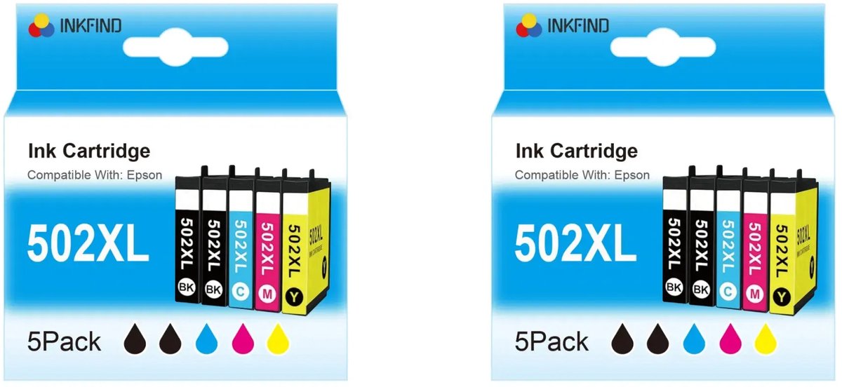 INKFIND 502XL inktcartridge voor EPSON 502XL inktcartridge multipack van 10 stuks (2*5pack = Zwart x 4, Cyaan x 2, Magenta x 2, Geel x 2)