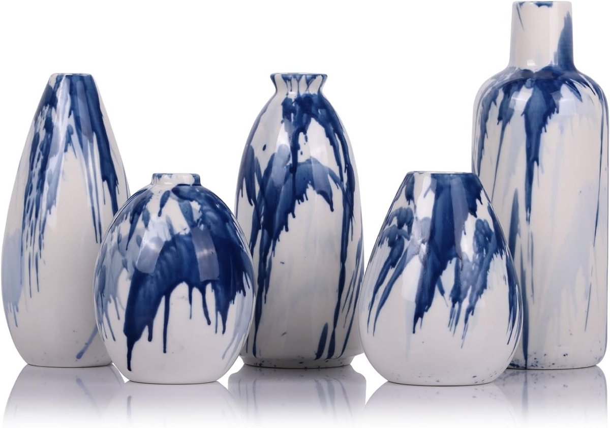 Set van 5 Keramische Vazen in Blauw en Wit, Decoratieve Vazen voor Woonkamer, Kantoor en Tafeldecoratie met Bloemen, Perfect voor Planken en Open Haard
