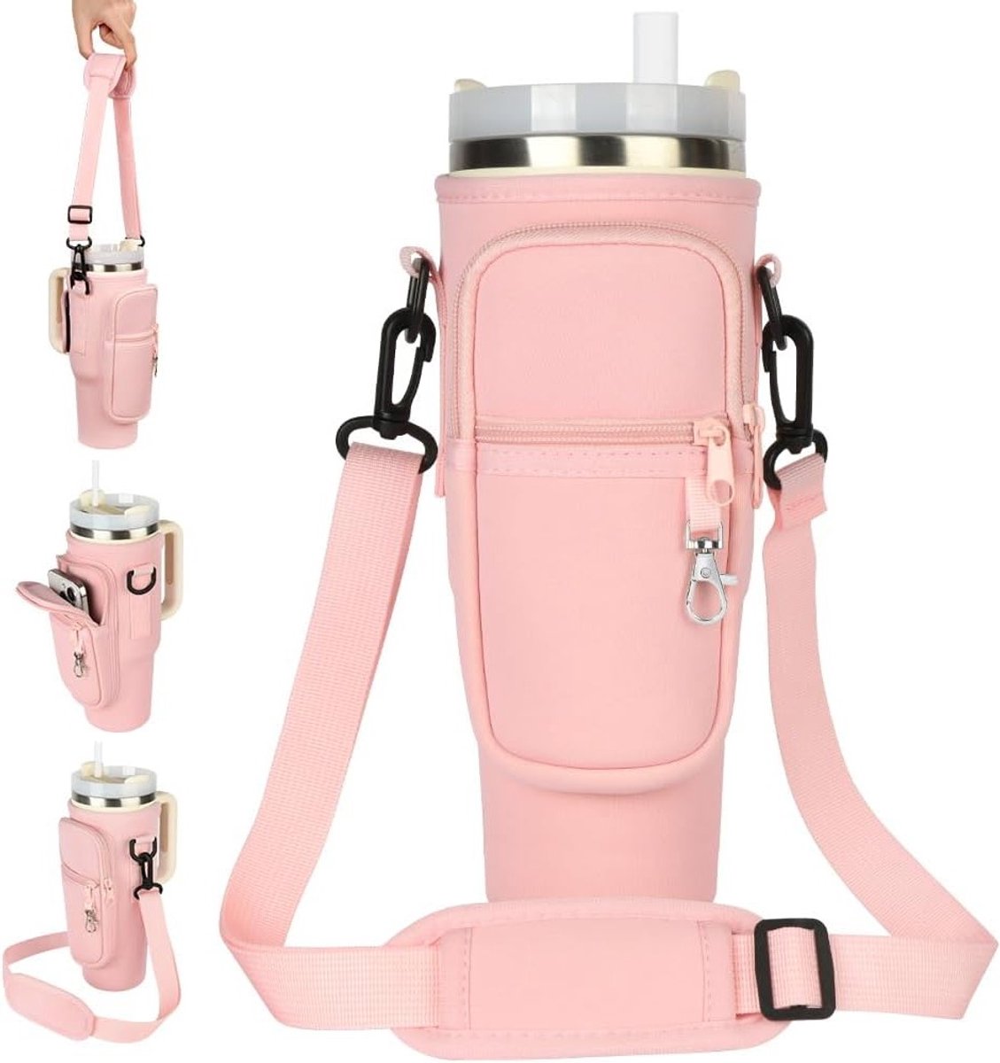 Draagtas voor Waterfles met Verstelbare Schouderband en Telefoonvak, Geschikt voor 1.2 Liter Flessen, Ideaal voor Sport en Buitenshuis, 40 oz Roze, 24.5 x 11 x 7.5 cm