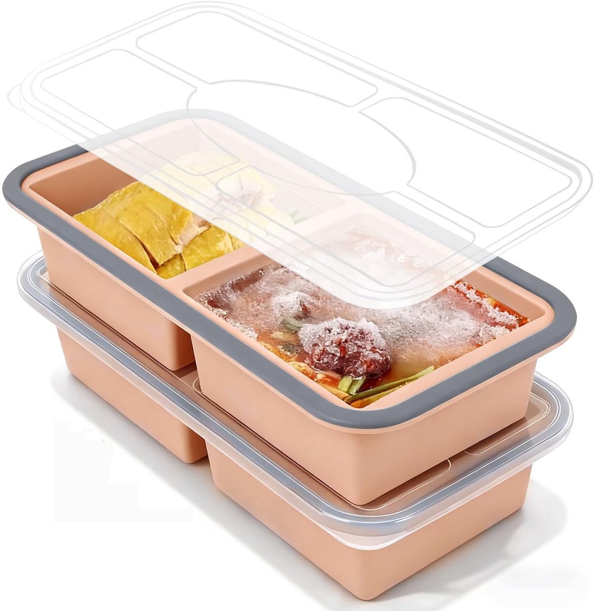 IJsblokjesvorm - Siliconen Vriesvorm Set - Siliconen invriesvormen - 2-delige Soepvormenset voor in de vriezer - Siliconen vriesbakje met deksels - Siliconen bouilloncontainer - Van 1000 ml voor het invriezen van bouillon en saus - Roze