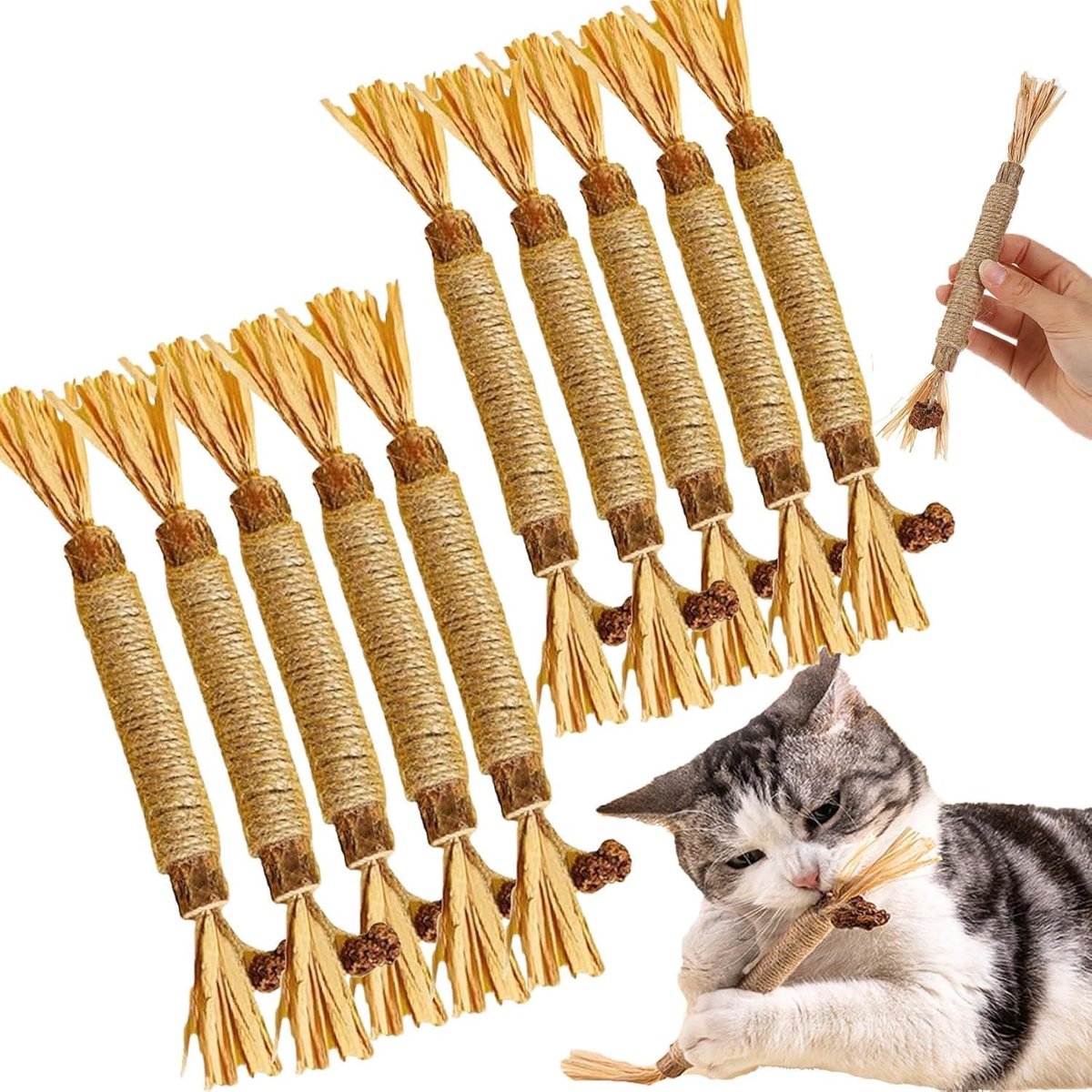 OLOEY Houten Dag Worm Molen tandstok- Kat biten stok- Natuurlijke kruiden molen tandkat speelgoed- Natuurlijke Houten Dag Worm reinigen tandstok- Katje interactieve tanden reinigen snack speelgoed-(10 stuks)