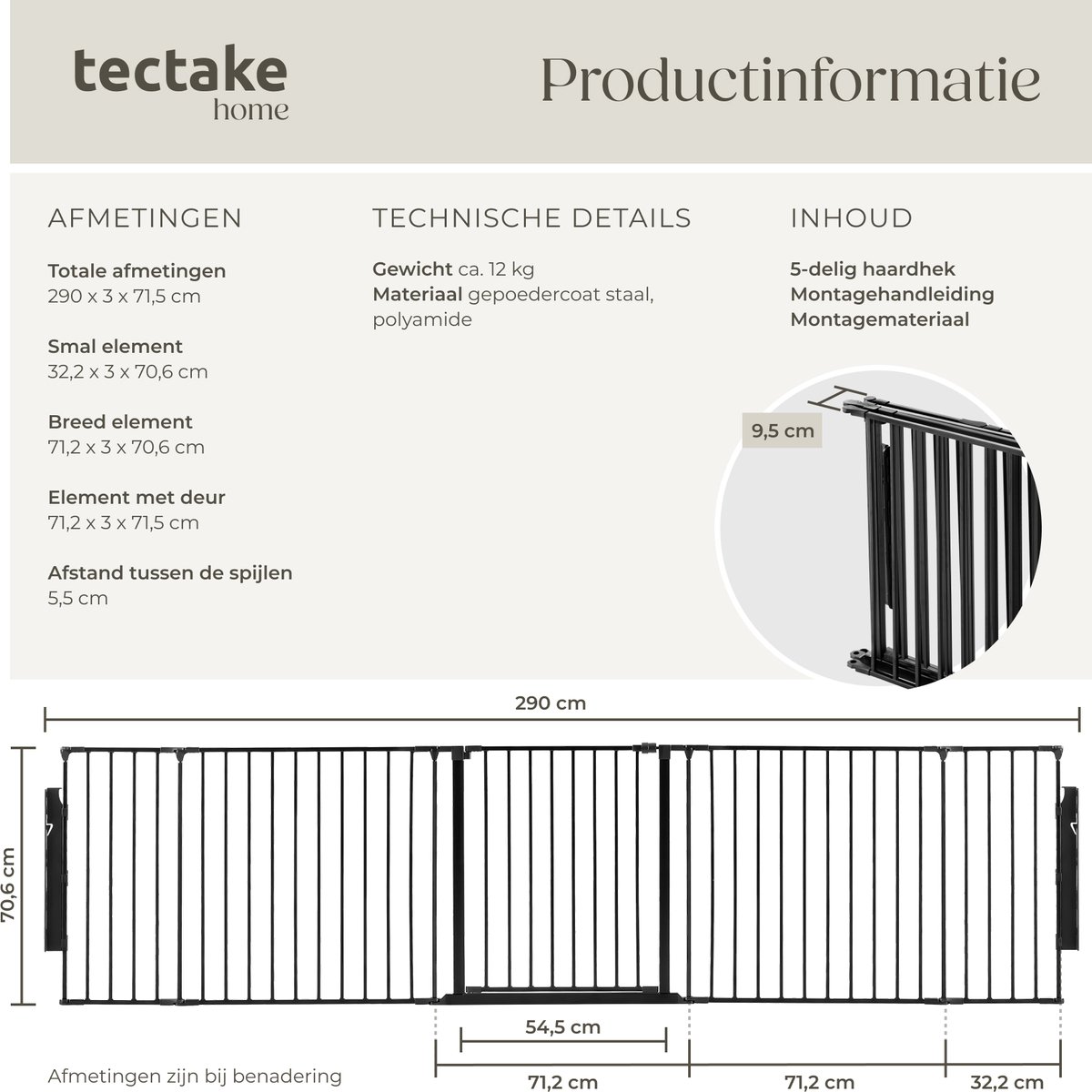 tectake® Haardhek - Veiligheidshek - Haardscherm - Kachelhek van Metaal - Openhaard Hek - Ook te gebruiken als Hondenhek, Kinderhek, Scheidingswand en Traphekje - met 5 Elementen - Deur met Veiligheidsslot - Zwart – foto 7