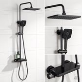 Auralum Max Regendouche met Thermostaatkraan - 10 inch Douchekop - 3 Stralen Handdouche - Inclusief planchet - Zwart Doucheset - Verstelbare Hoogte 88-125 cm - Waterbesparend - Zwart