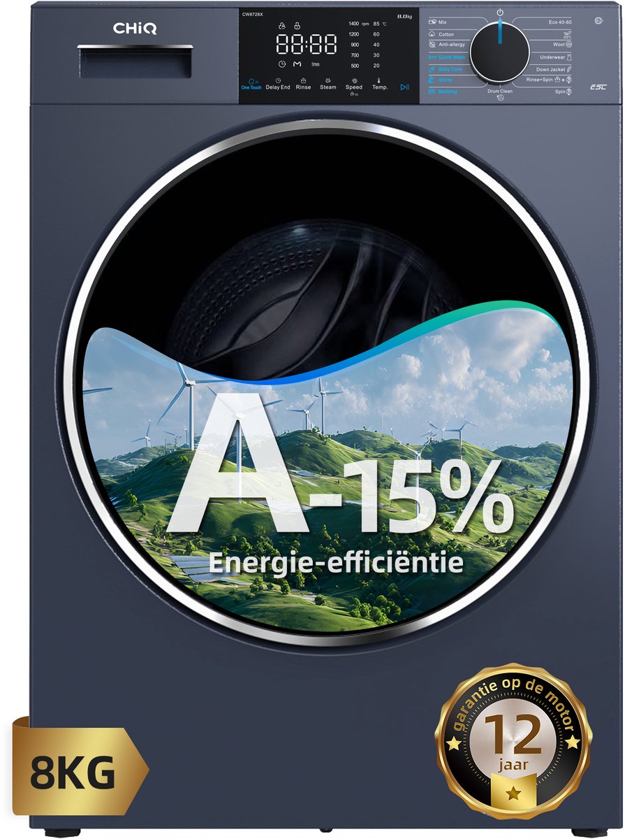 CHiQ CW8728X - Wasmachine - 8 KG - Space Pro - Energieklasse A-15% - Plat ingebouwd-16 programma's - AI Smart - 12 jaar garantie op motor - 2026 Nieuw