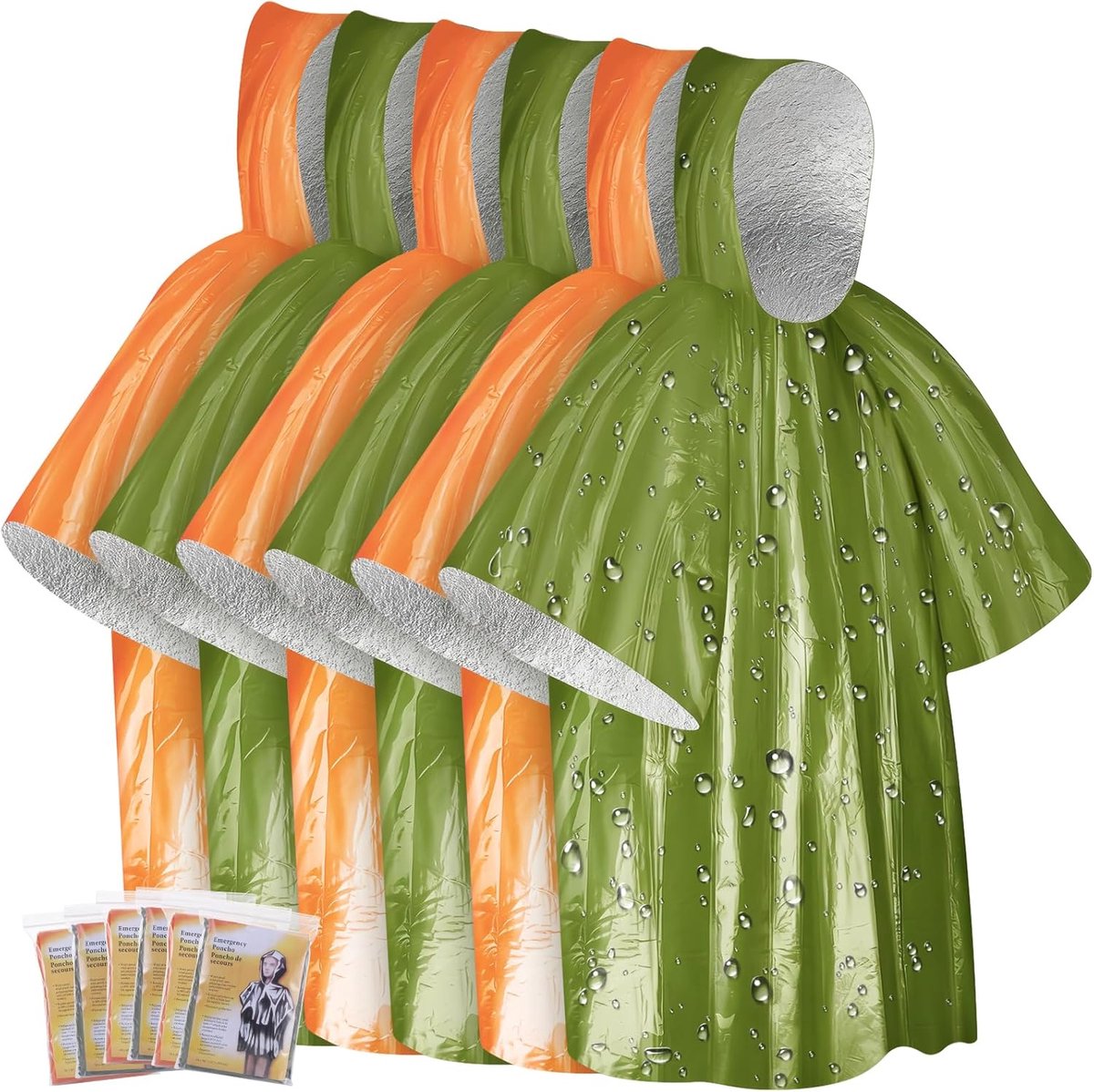 6 Stuks Nooddeken, Emergency Blanket, Noodsurvival-Poncho, Thermo Foliecoating, Deken Voor Warmtebehoud En Regen, Omkeerbaar Met Capuchon, Winddicht, Draagbaar, Voor Buiten