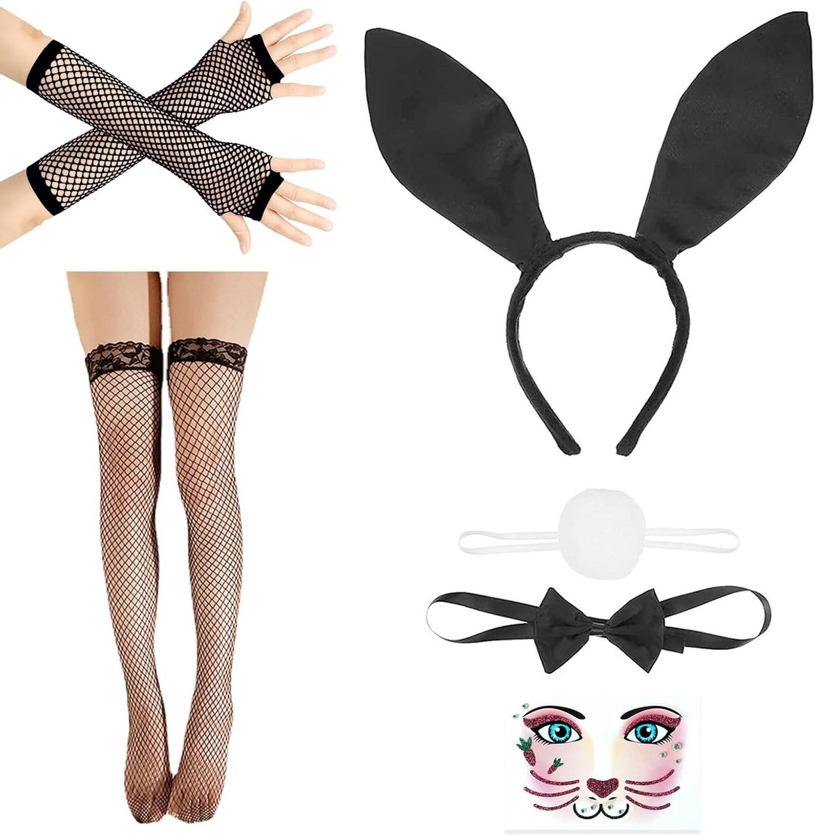 Halloween Konijnen Kostuum voor Vrouwen met Oren, Staart, Strik en Netten Handschoenen - Perfect voor Cosplay en Feestelijke Gelegenheden