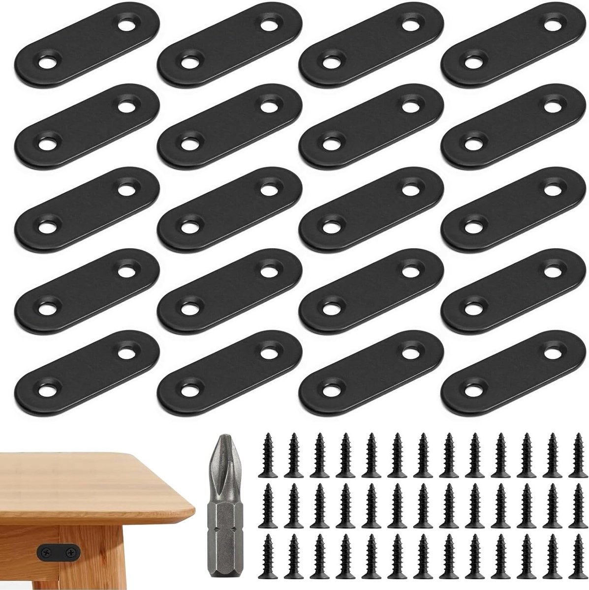 Perforated Plaat Set van 20 Stuks, 56 x 16mm Verbindingselementen, Zwarte Houten Connectoren voor Meubelverbindingen, Tafel- en Stoelconstructie met 40 Schroeven en 1 Bit