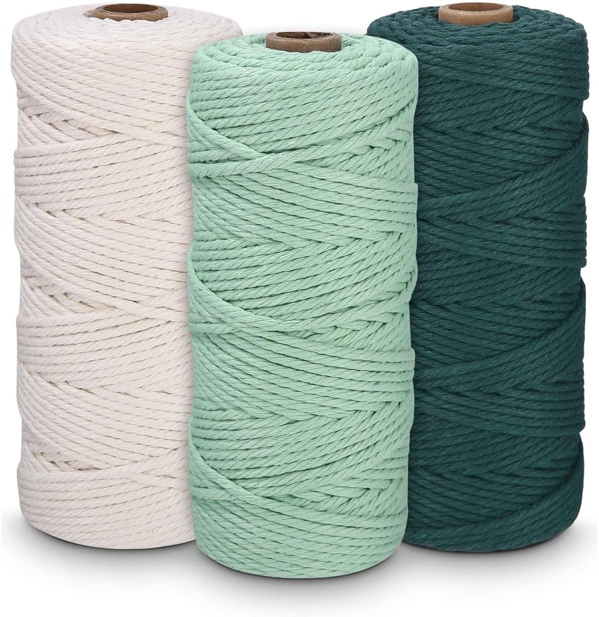 3 Stuks Macrame Touw 2mm x 100m - Natuurlijke Katoen Draad voor DIY, Wanddecoratie en Plantenhangers in Beige, Lichtgroen en Donkergroen
