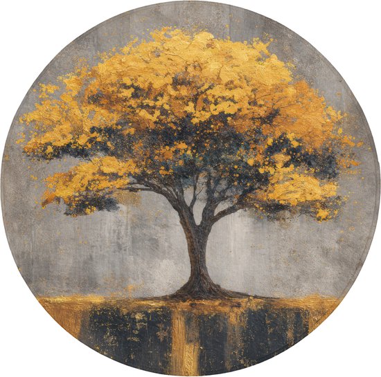 Badmat rond 70x70 cm - Antislip - Boom - Bladeren - Goud - Abstract - Badmatten voor badkamer - Badkamermat - Douchemat - Ronde badkamer mat
